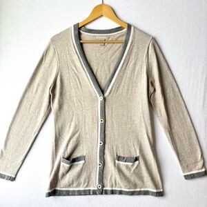 Women's Beige Contrast-Trim Button Cardigan Sweater